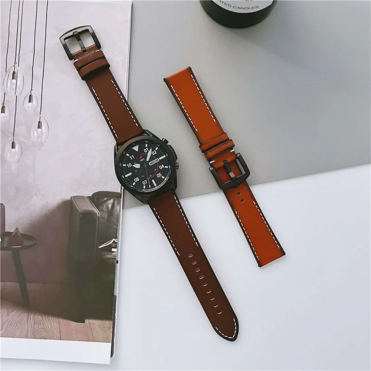 For Samsung Galaxy Watch 5 Pro 45mm / Watch4 Classic 42mm / 46mm V-shape Tail Retro Stitching Lines Genuine Leather Watch Strap 20mm Universal Replacement Wrist Band - Wine Red