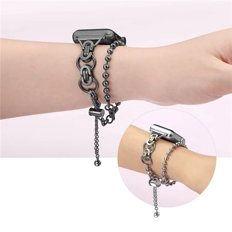 per apple watch series 7 45mm / se / serie 6 / 5 / 4 44mm / serie 3 / 2 / 1 42 mm due righe perle braccialette in lega di orologio da polso in lega di zinco - nero