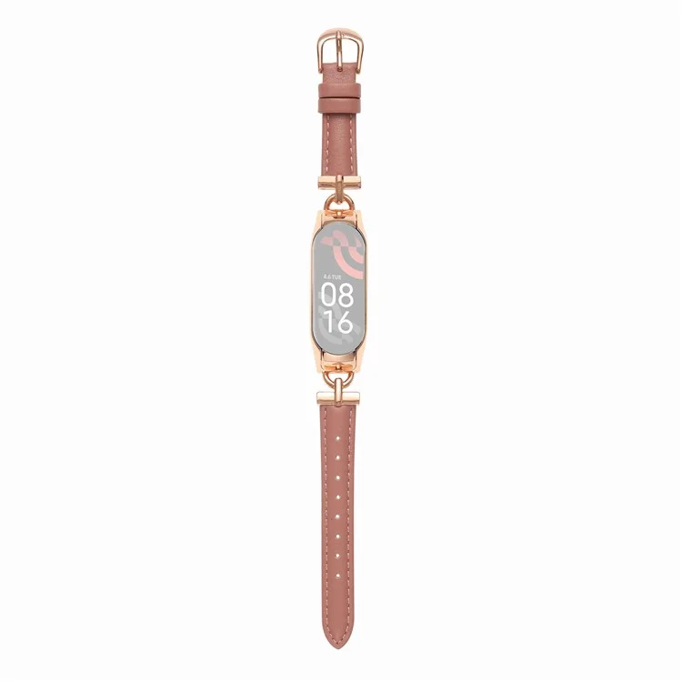 For Xiaomi Mi Band 5 / 6 Genuine Leather Watch Band Replacement Wrist Strap with D-shape Metal Connector - Rose Gold / Deep Pink