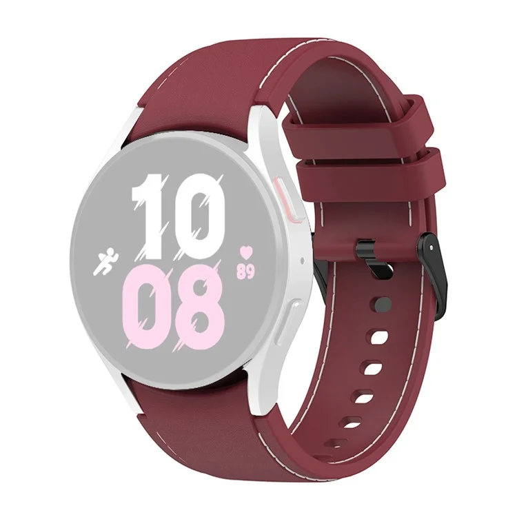 Per Samsung Galaxy Watch6 40mm 44mm / Watch6 Classic 43mm 47mm / Watch 5 40mm 44mm / 5 Pro 45mm / Watch4 40mm 44mm Silicone Watch Band Stitching Line Black Buckle Wrist Strap Replacement, Taglia S - Rosso Vino / Bianco