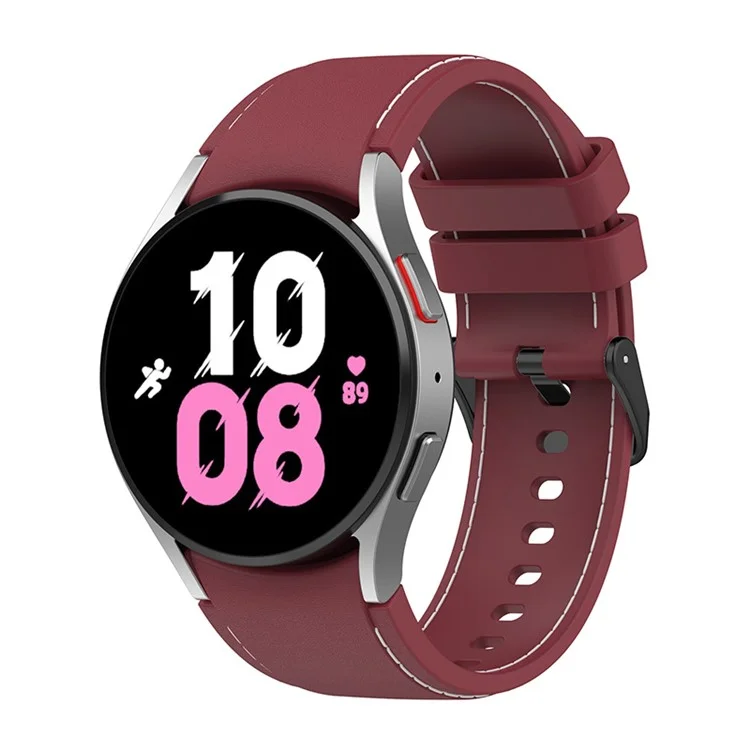 Per Samsung Galaxy Watch6 40mm 44mm / Watch6 Classic 43mm 47mm / Watch 5 40mm 44mm / 5 Pro 45mm / Watch4 40mm 44mm Silicone Watch Band Stitching Line Black Buckle Wrist Strap Replacement, Taglia S - Rosso Vino / Bianco
