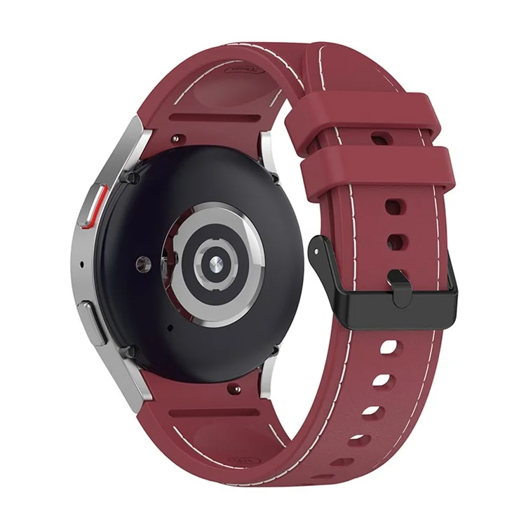 For Samsung Galaxy Watch6 40mm 44mm / Watch6 Classic 43mm 47mm / Watch 5 40mm 44mm / 5 Pro 45mm / Watch4 40mm 44mm Watch Band Silicone Stitching Line Replacement Wrist Strap with Black Buckle, Size L - Wine Red / White