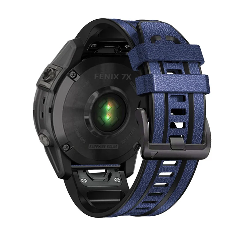 For Garmin Fenix 7X Quick Release Leather Coated Silicone Watch Band Replacement Wrist Strap 26mm - Dark Blue