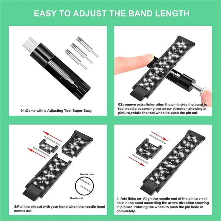 For Garmin Vivomove / Samsung Galaxy Watch3 41mm / Huawei Watch GT 2 42mm Three Beads Rhinestones Decor Watch Band 20mm Replacement Alloy Watch Strap - Black