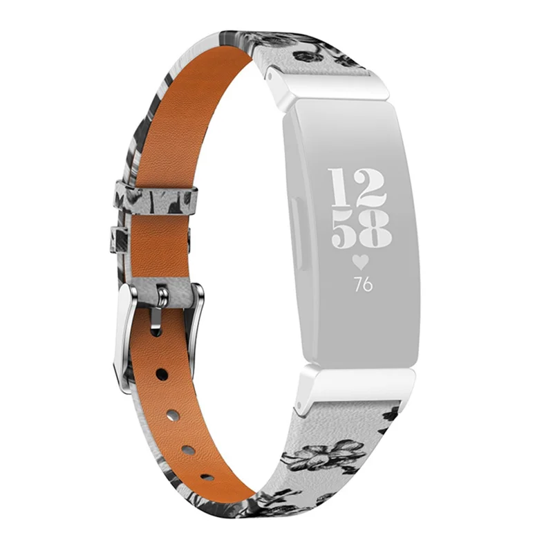 For Fitbit Inspire / Inspire HR / Ace 2 Printed Pattern Watchband Soft Genuine Leather Watch Strap Replacement Bracelet - White / White Roses