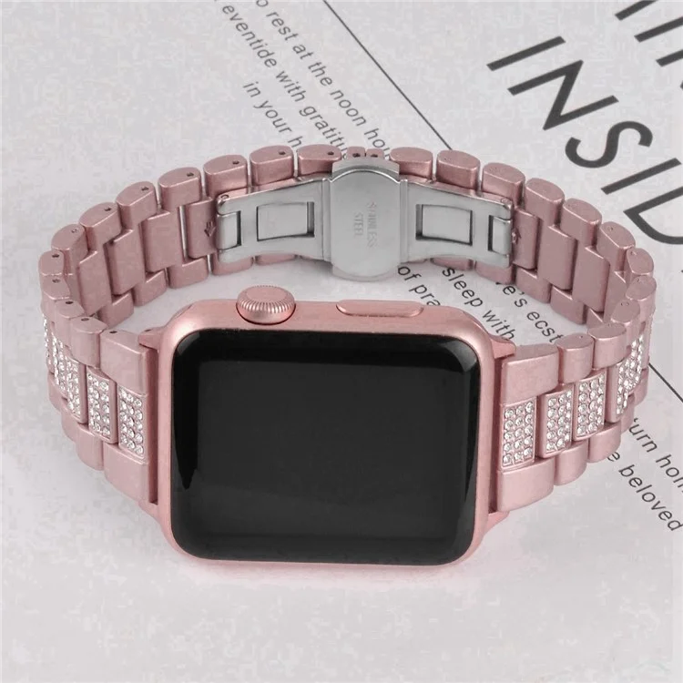 For Apple Watch Series 10 46mm / Ultra 2 Ultra 49mm /  Series 9 8 7 45mm / 6 5 4 SE (2023) SE (2022) SE 44mm / 3 2 1 42mm Three Beads Metal Watch Band Bling Rhinestone Decor Bracelet - Pink