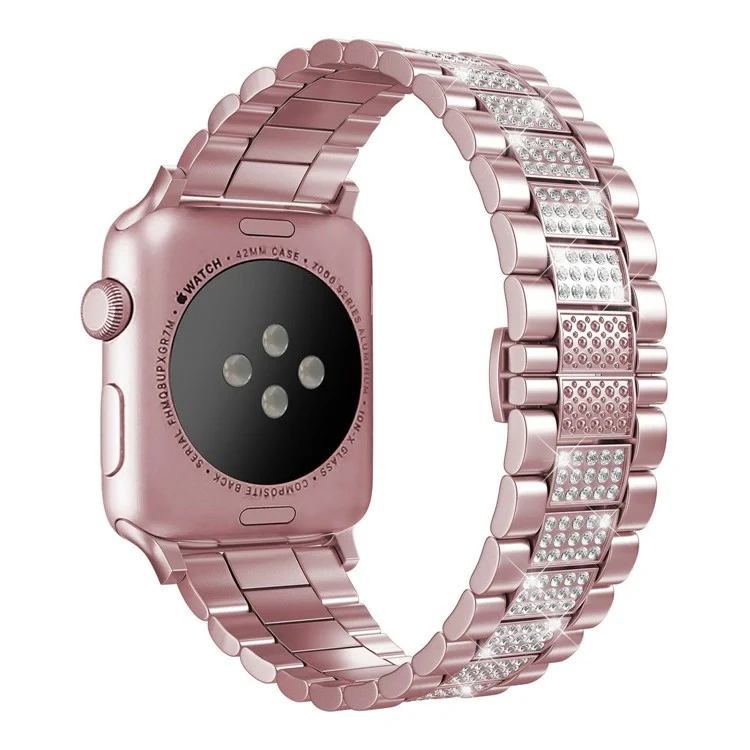 For Apple Watch Series 10 42mm / 9 8 7 41mm / 6 5 4 SE SE (2022) SE (2023) 40mm / 3 2 1 38mm Metal Smart Watch Band Three Beads Rhinestone Decor Bracelet - Pink