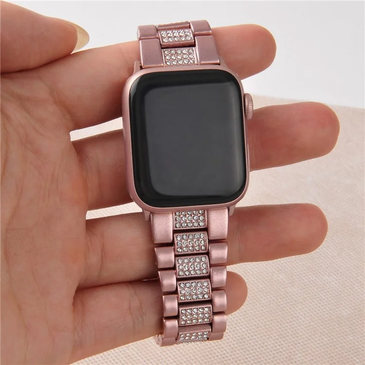 For Apple Watch Series 10 42mm / 9 8 7 41mm / 6 5 4 SE SE (2022) SE (2023) 40mm / 3 2 1 38mm Metal Smart Watch Band Three Beads Rhinestone Decor Bracelet - Pink