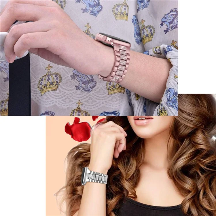 For Apple Watch Series 10 42mm / 9 8 7 41mm / 6 5 4 SE SE (2022) SE (2023) 40mm / 3 2 1 38mm Metal Smart Watch Band Three Beads Rhinestone Decor Bracelet - Pink