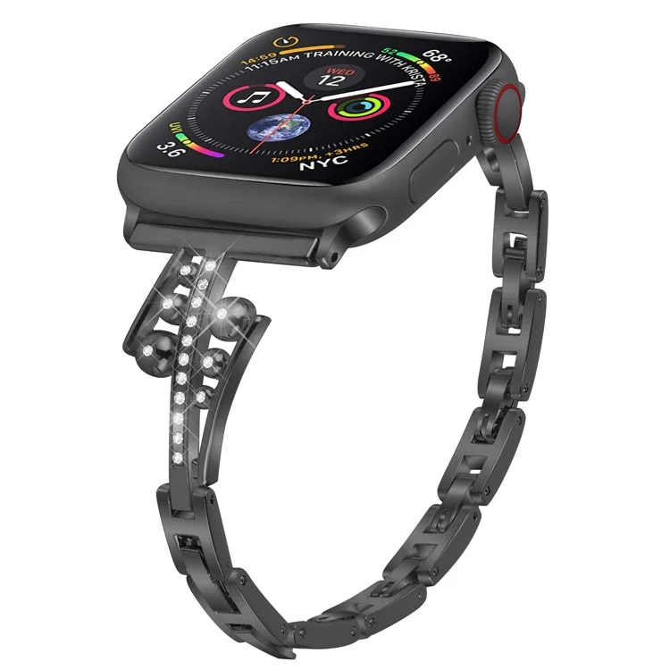For Apple Watch Series 8 41mm / 7 41mm / SE / Series 6 / 5 / 4 / SE(2022) 40mm / Series 3 / 2 / 1 38mm Metal Watch Band with Rhinestone Decor Repalcement Wrist Strap - Black