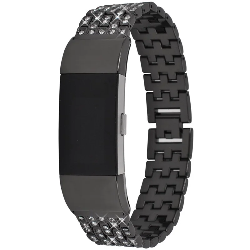 For Fitbit Charge 2 Full Rhinestone Decor Smart Watch Strap Replacement Metal Wrist Band - Black