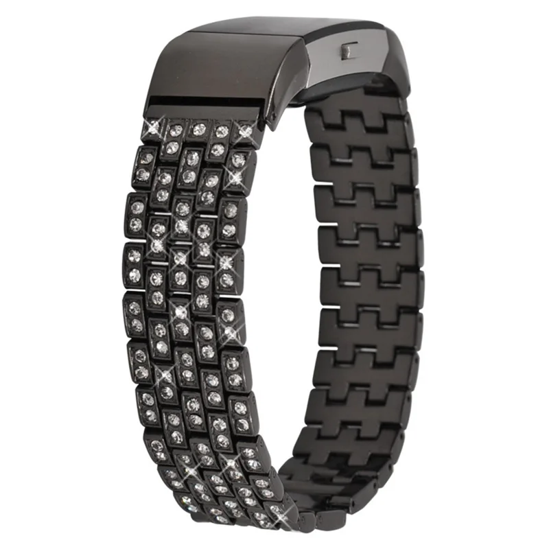 For Fitbit Charge 2 Full Rhinestone Decor Smart Watch Strap Replacement Metal Wrist Band - Black