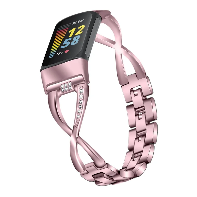 For Fitbit Charge 3 / 4 Universal Watch Strap Metal Watch Band with Decoration for Girls - Pink