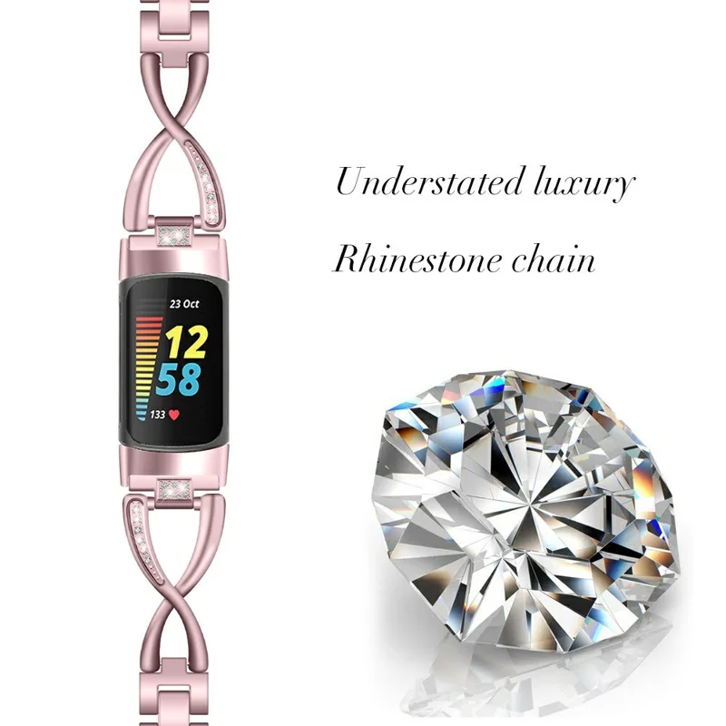 For Fitbit Charge 3 / 4 Universal Watch Strap Metal Watch Band with Decoration for Girls - Pink