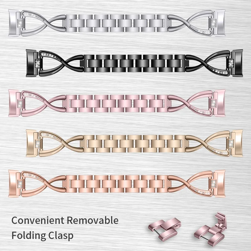 For Fitbit Charge 3 / 4 Universal Watch Strap Metal Watch Band with Decoration for Girls - Pink