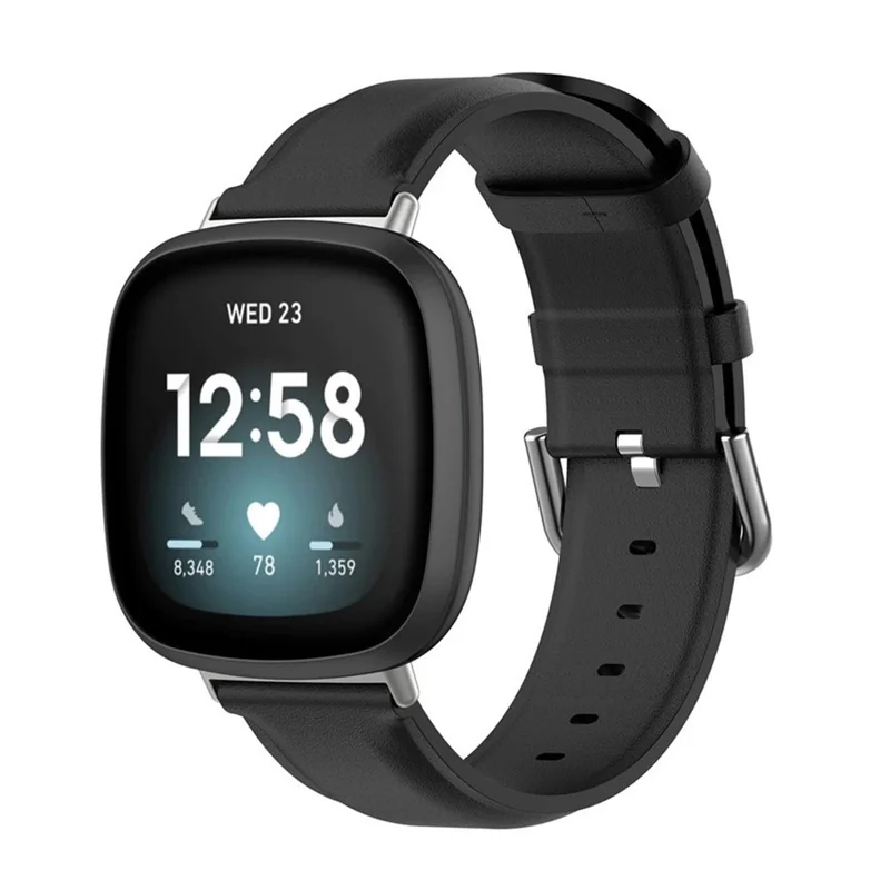 For Fitbit Versa 4 / Sense 2 Watch Band Soft Genuine Leather Replacement Strap with Solid Buckle - Black