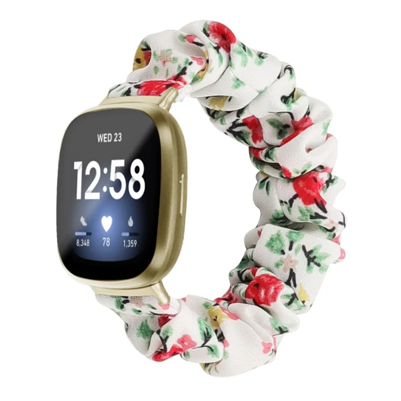For Fitbit Versa 4 / Sense 2 Elastic Scrunchie Watch Band Fabric Pattern Printed Hair Band Strap Bracelet - White / Red Flower