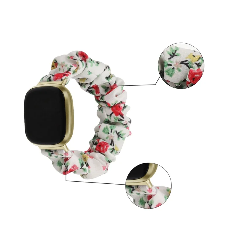 For Fitbit Versa 4 / Sense 2 Elastic Scrunchie Watch Band Fabric Pattern Printed Hair Band Strap Bracelet - White / Red Flower