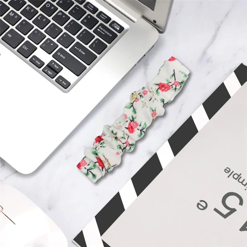 For Fitbit Versa 4 / Sense 2 Elastic Scrunchie Watch Band Fabric Pattern Printed Hair Band Strap Bracelet - White / Red Flower