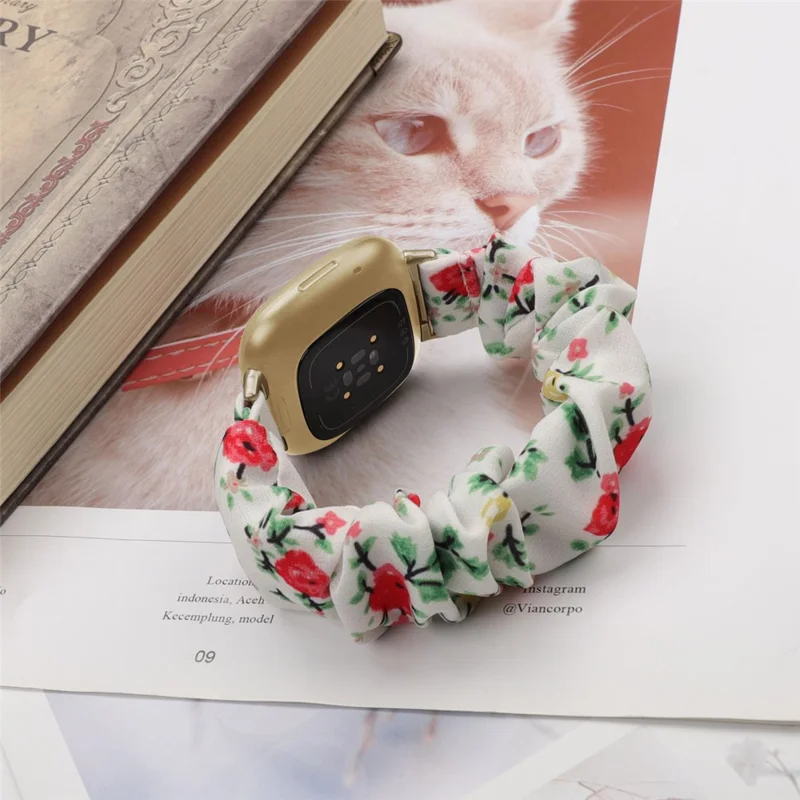For Fitbit Versa 4 / Sense 2 Elastic Scrunchie Watch Band Fabric Pattern Printed Hair Band Strap Bracelet - White / Red Flower