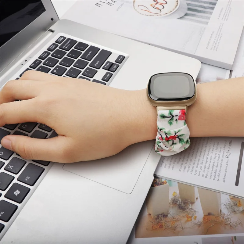 For Fitbit Versa 4 / Sense 2 Elastic Scrunchie Watch Band Fabric Pattern Printed Hair Band Strap Bracelet - White / Red Flower