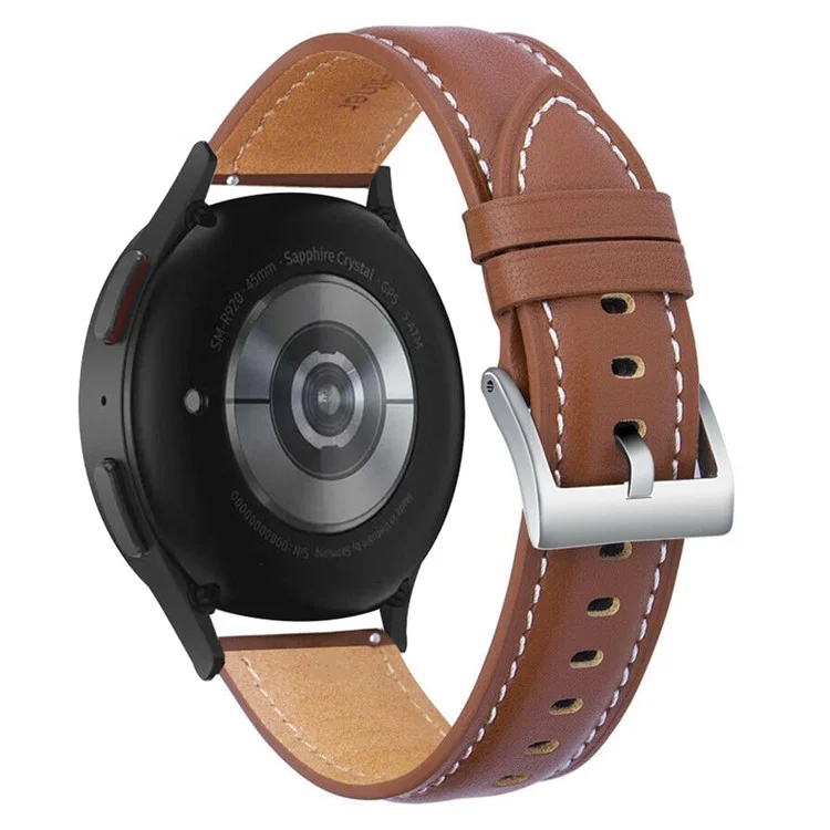 For Samsung Galaxy Watch 5 40mm / 44mm  /  5 Pro 45mm Stitching Watch Band Genuine Leather Watch Strap Adjustable Wristband - Brown / Silver Buckle