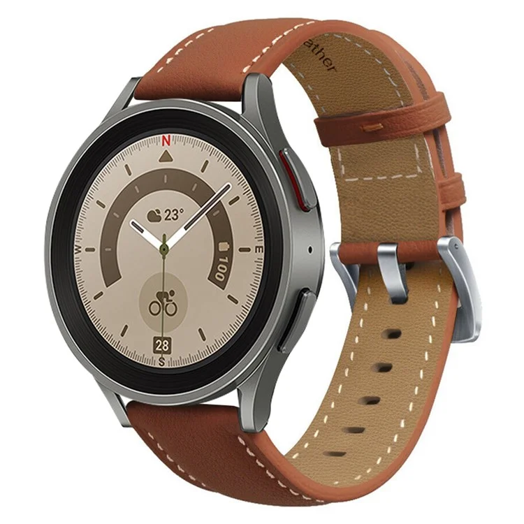 For Samsung Galaxy Watch 5 40mm / 44mm  /  5 Pro 45mm Stitching Watch Band Genuine Leather Watch Strap Adjustable Wristband - Brown / Silver Buckle
