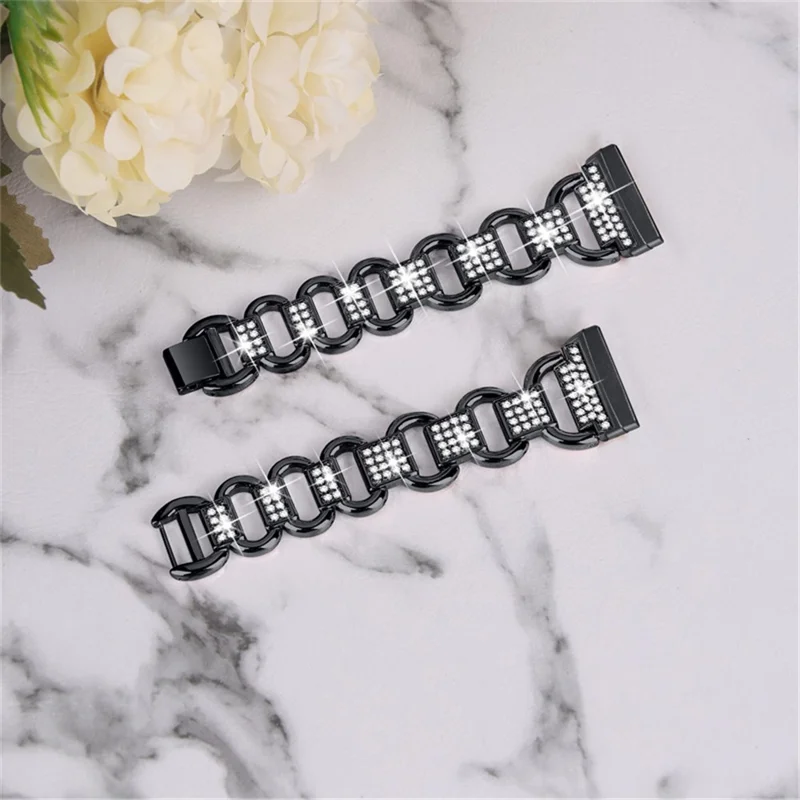 For Fitbit Versa 4  / Sense 2 Quick Release Watch Strap Metal Watchband Rhinestone Decorated Watch Band - Black