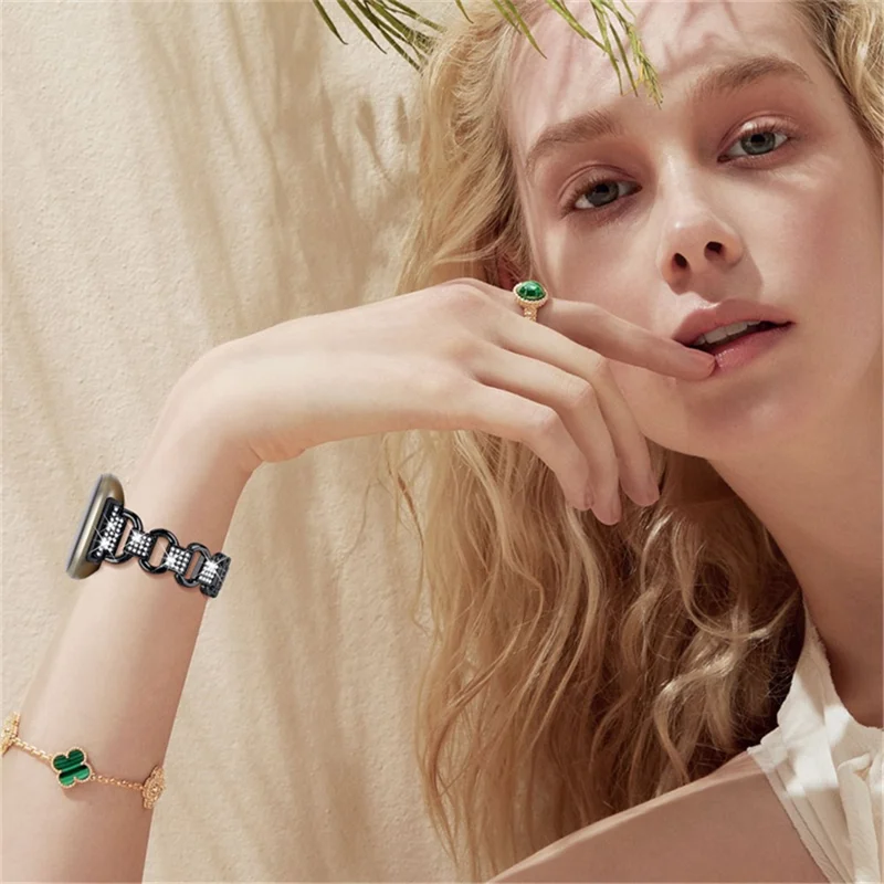 For Fitbit Versa 4  / Sense 2 Quick Release Watch Strap Metal Watchband Rhinestone Decorated Watch Band - Black