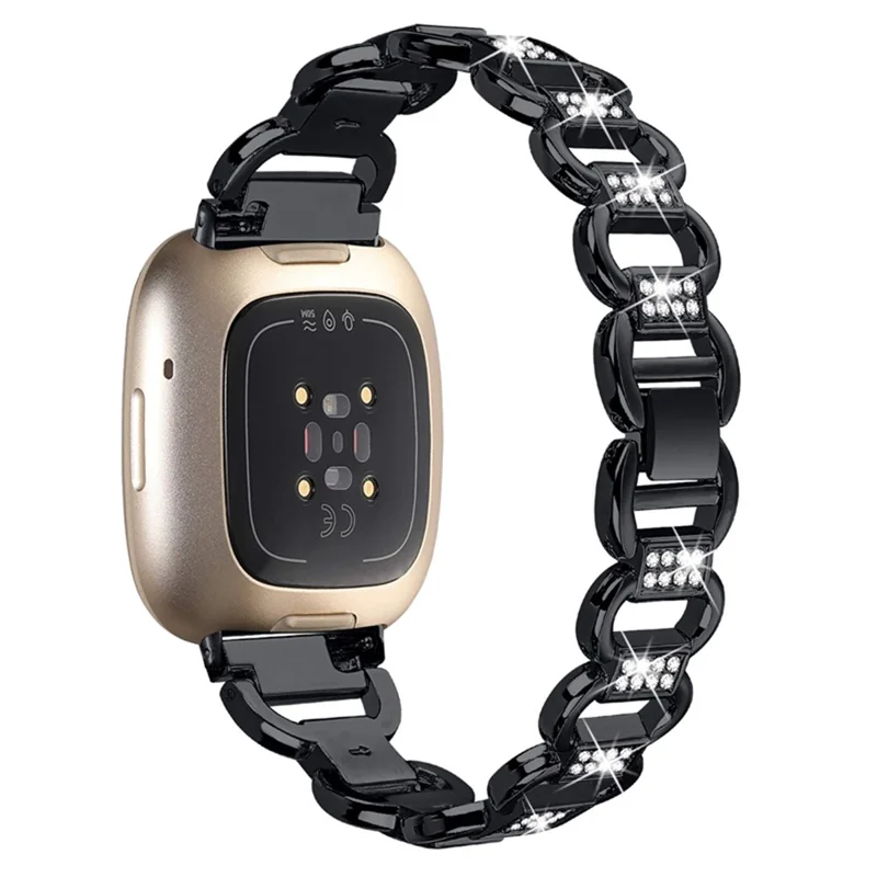 For Fitbit Versa 4  / Sense 2 Quick Release Watch Strap Metal Watchband Rhinestone Decorated Watch Band - Black
