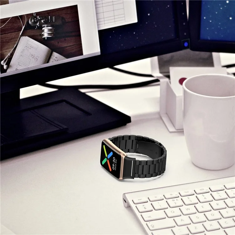 For Oppo Watch Free Replacement Stainless Steel Watch Strap Three-Beads Wrist Band with Folding Buckle - Black