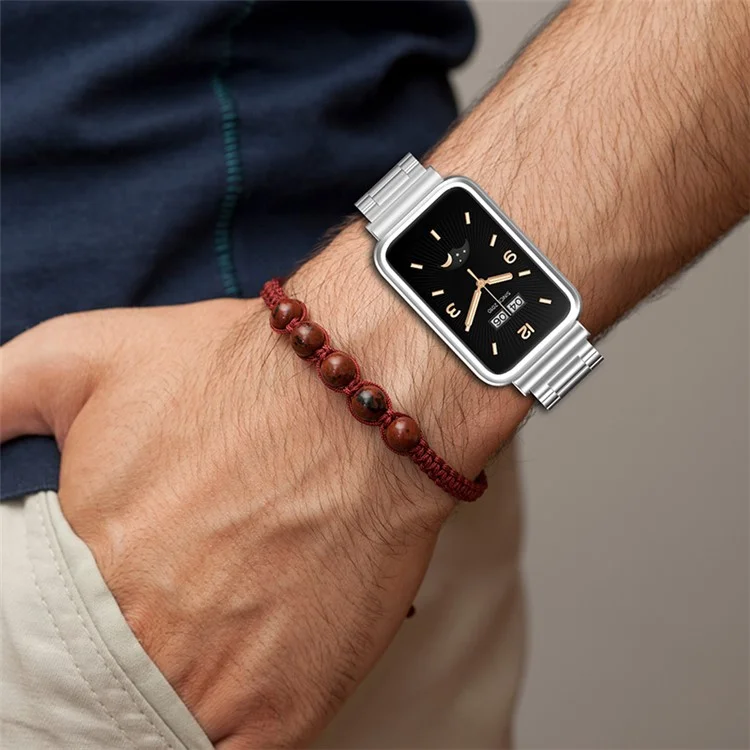For Xiaomi Mi Band 7 Pro Stainless Steel Three Beads Wrist Strap Replacement Band with Watch Case - Gold