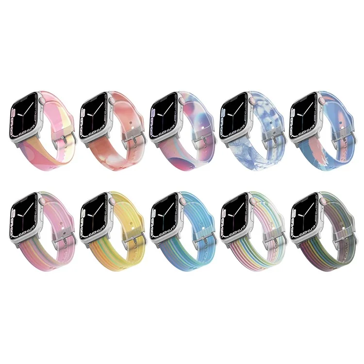 pour apple watch ultra 49 mm / se / se (2022) 44 mm / série 7 / 8 45 mm / 4 / 5 / 6 44 mm / 1 / 2 / 3 42 mm rainbow color watch band release watch watch slicone watch band - glace bleue