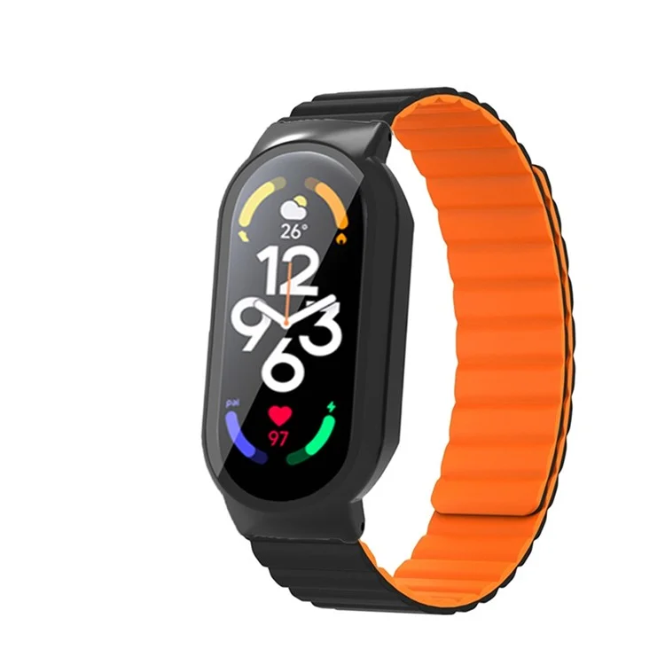 Pour Xiaomi Mi Band 7 / 7 NFC Bracelet de montre en silicone magnétique 3 en 1 Bracelet de remplacement avec boîtier de montre en PC / Protecteur d'écran en verre trempé - Noir / Orange