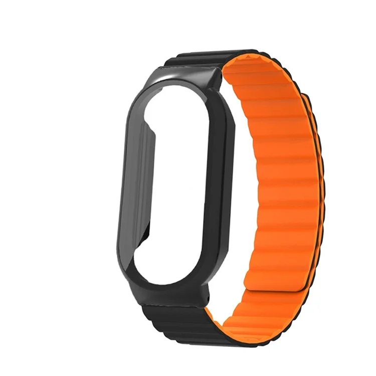 Pour Xiaomi Mi Band 7 / 7 NFC Bracelet de montre en silicone magnétique 3 en 1 Bracelet de remplacement avec boîtier de montre en PC / Protecteur d'écran en verre trempé - Noir / Orange