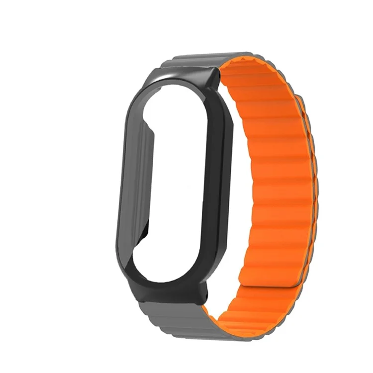 For Xiaomi Mi Band 7 / 7 NFC Silicone Magnetic Watch Band 3 in 1 Replacement Wrist Strap with PC Watch Case  /  Tempered Glass Screen Protector - Grey / Orange