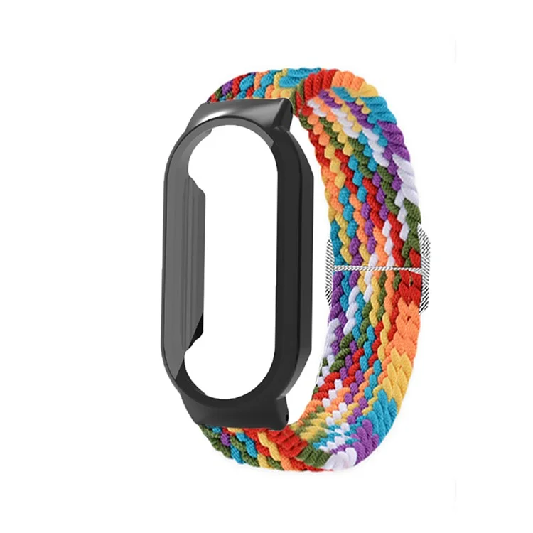 For Xiaomi Mi Band 7 / 7 NFC Elastic Watch Band 3 in 1 Nylon Braided Wrist Strap with PC Watch Case  /  Tempered Glass Screen Protector - Rainbow / Black