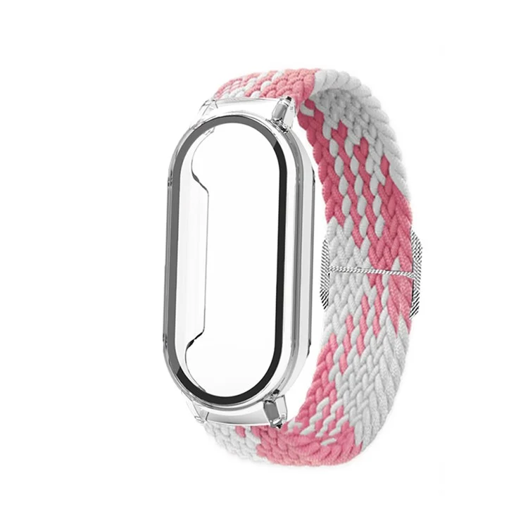 For Xiaomi Mi Band 7 / 7 NFC Elastic Watch Band 3 in 1 Nylon Braided Wrist Strap with PC Watch Case  /  Tempered Glass Screen Protector - White Pink / Transparent