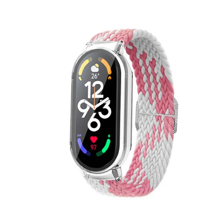 For Xiaomi Mi Band 7 / 7 NFC Elastic Watch Band 3 in 1 Nylon Braided Wrist Strap with PC Watch Case  /  Tempered Glass Screen Protector - White Pink / Transparent