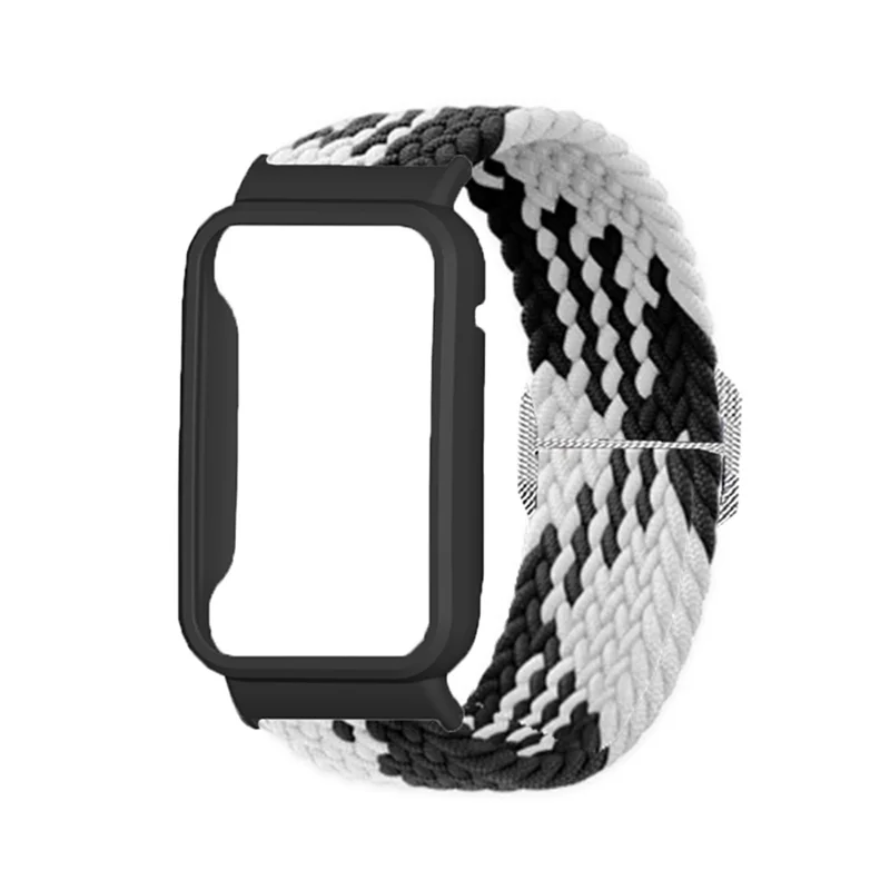 Nylon Braided Elastic Watch Band for Xiaomi Mi Band 7 Pro, Replacement Wrist Strap with Watch Case - Black White / Black