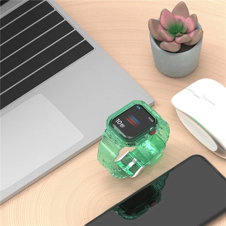 para apple watch ultra series 8 / 7 45mm / 6 / 5 / 4 / se / se (2022) 44mm / 3 / 2 / 1 42mm de relógio inteligente band tpu substituição de pulseira com estojo de relógio protetor - verde transparente