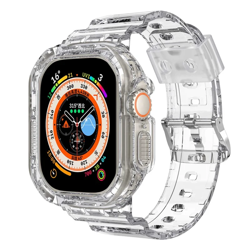 For Apple Watch Ultra 49mm Smart Watch Strap Replacement Soft TPU Wrist Band Integrated with Watch Case - Transparent