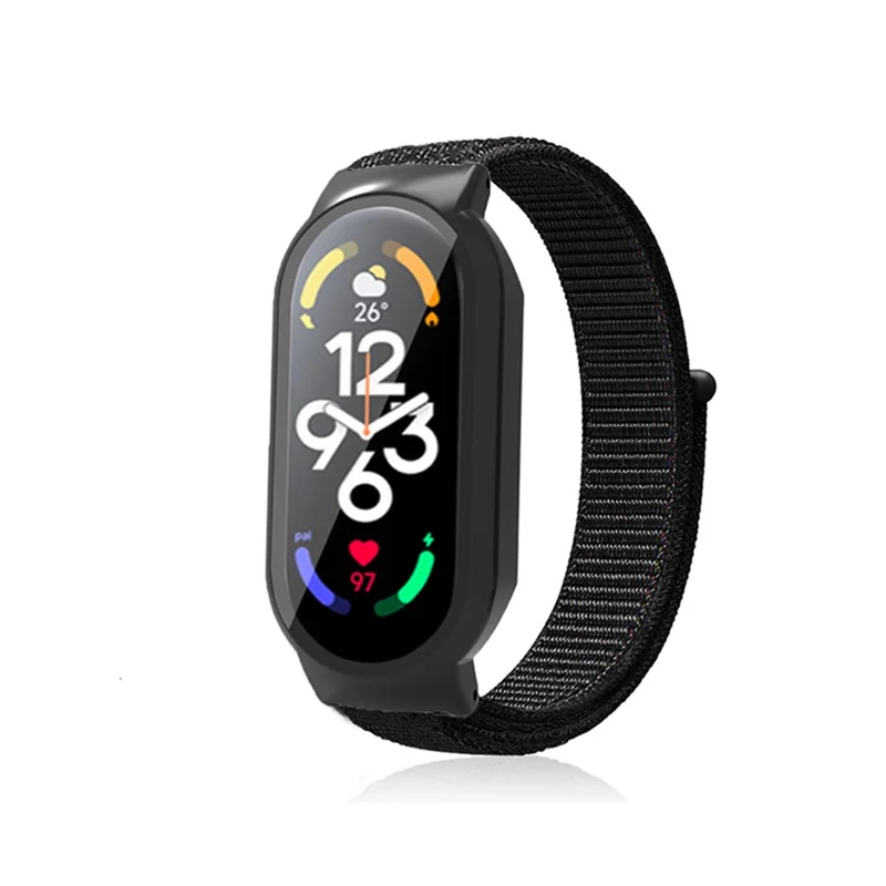 For Xiaomi Mi Band 7  /  7 NFC Nylon Loop Watch Strap 3 in 1 Wrist Band with PC Protective Case and Tempered Glass Screen Protector - Black / Black