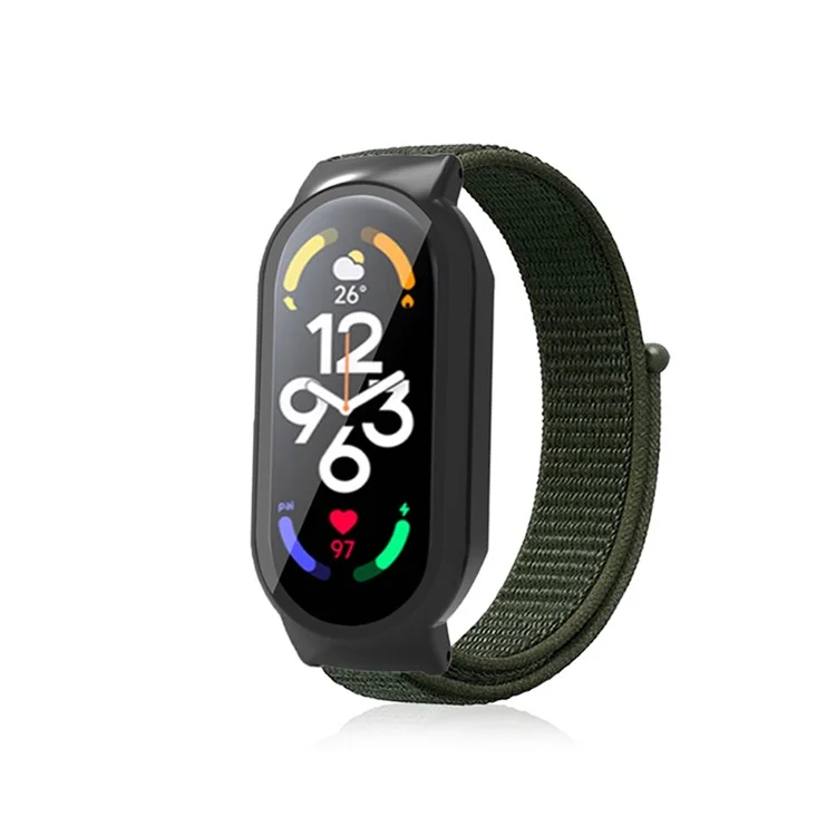 For Xiaomi Mi Band 7  /  7 NFC Nylon Loop Watch Strap 3 in 1 Wrist Band with PC Protective Case and Tempered Glass Screen Protector - Army Green / Black