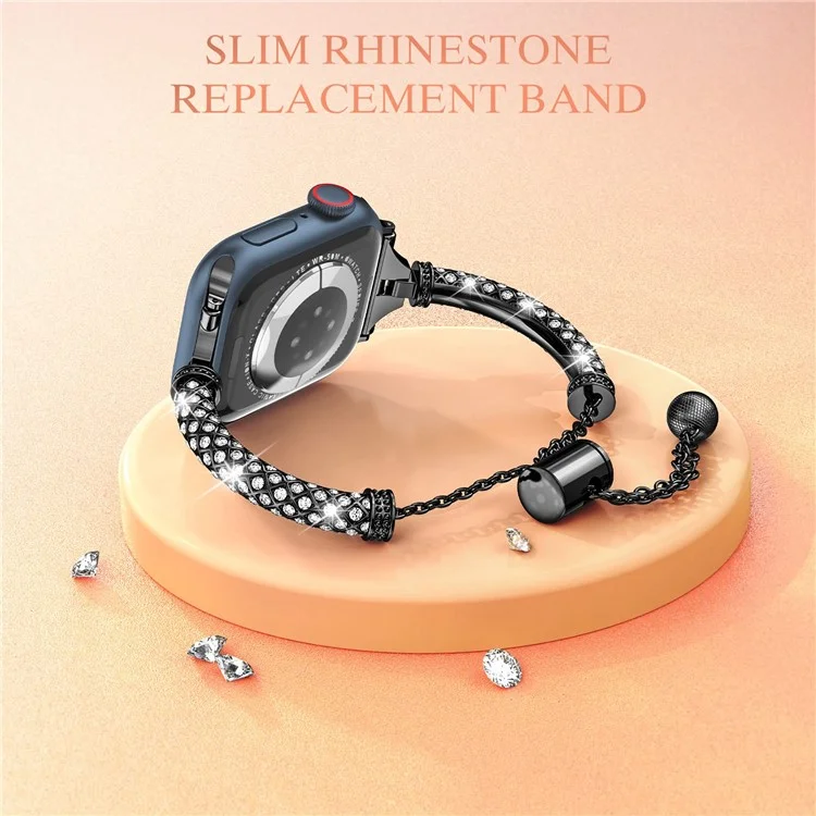 For Apple Watch Series 10 46mm / Ultra 2 Ultra 49mm /  Series 9 8 7 45mm / 6 5 4 SE (2023) SE (2022) SE 44mm / 3 2 1 42mm Metal Watch Strap Rhinestone Decorated Stretch Jewelry Wrist Band - Black