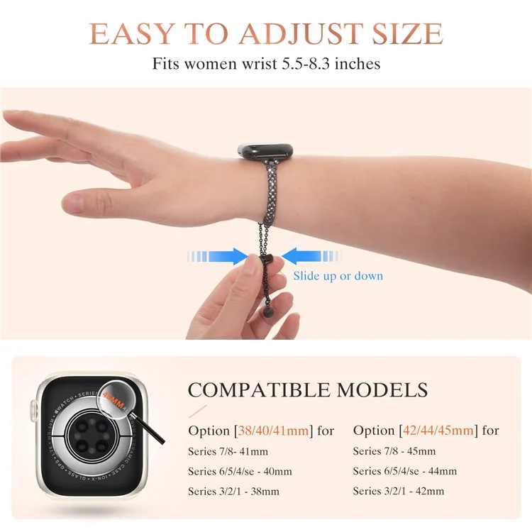 For Apple Watch Series 10 46mm / Ultra 2 Ultra 49mm /  Series 9 8 7 45mm / 6 5 4 SE (2023) SE (2022) SE 44mm / 3 2 1 42mm Metal Watch Strap Rhinestone Decorated Stretch Jewelry Wrist Band - Black