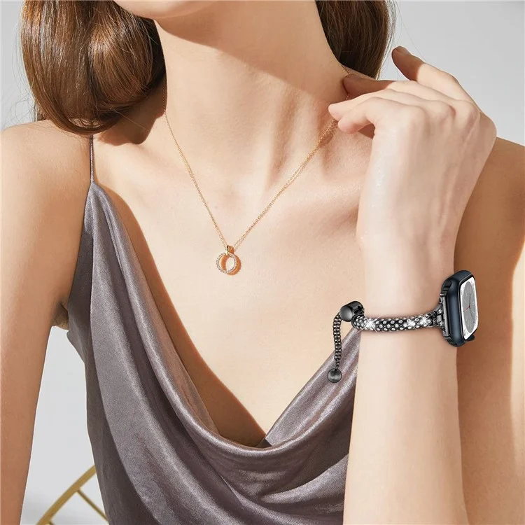 For Apple Watch Series 10 46mm / Ultra 2 Ultra 49mm /  Series 9 8 7 45mm / 6 5 4 SE (2023) SE (2022) SE 44mm / 3 2 1 42mm Metal Watch Strap Rhinestone Decorated Stretch Jewelry Wrist Band - Black