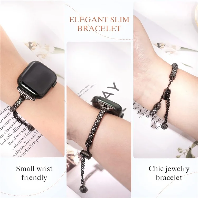 For Apple Watch Series 10 46mm / Ultra 2 Ultra 49mm /  Series 9 8 7 45mm / 6 5 4 SE (2023) SE (2022) SE 44mm / 3 2 1 42mm Metal Watch Strap Rhinestone Decorated Stretch Jewelry Wrist Band - Black