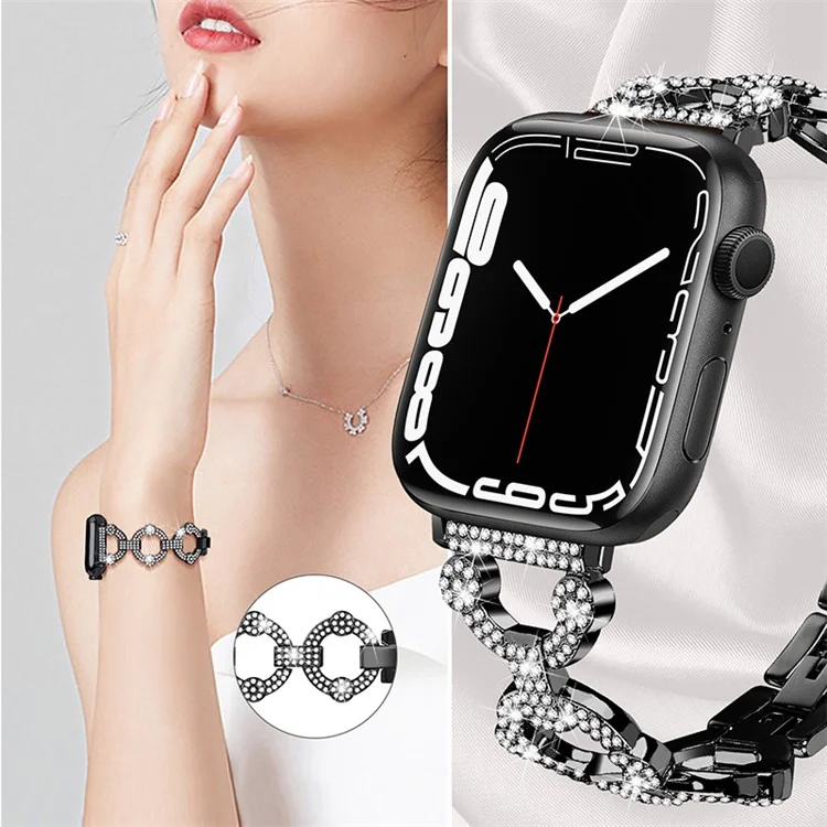 pour apple watch ultra 49 mm / se / se (2022) 44 mm / série 7 / 8 45 mm / 4 / 5 / 6 44 mm / 1 / 2 / 3 bracelet de montre en métal de 42 mm band de montre de 20 mm avec décoration en strass - le noir
