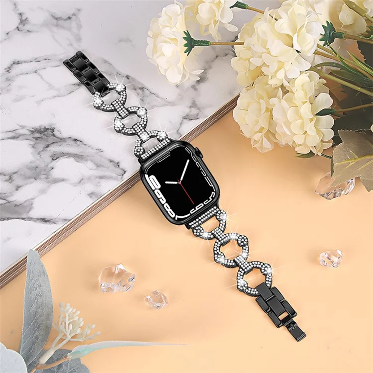 pour apple watch ultra 49 mm / se / se (2022) 44 mm / série 7 / 8 45 mm / 4 / 5 / 6 44 mm / 1 / 2 / 3 bracelet de montre en métal de 42 mm band de montre de 20 mm avec décoration en strass - le noir